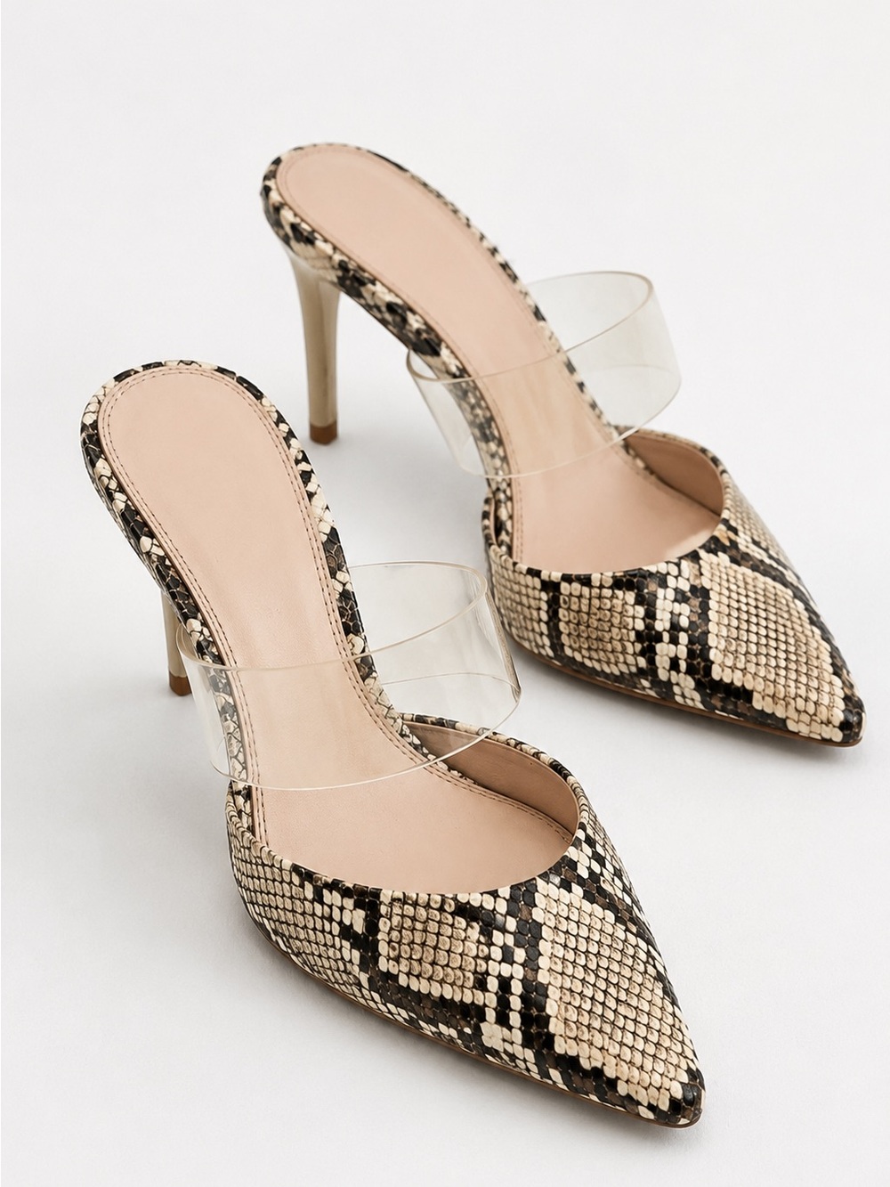 Zara Snake Print Clear Strap Mule Heels Size 38 Pointed Toe Stiletto